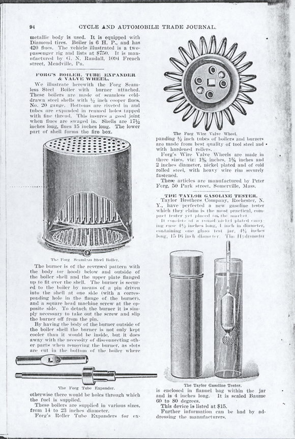 Peter Forg, Kerosene Burner for Steam Cars, Cycle and Automobile Trade Journal, March 1, 1902, p. 94, Conde Collection